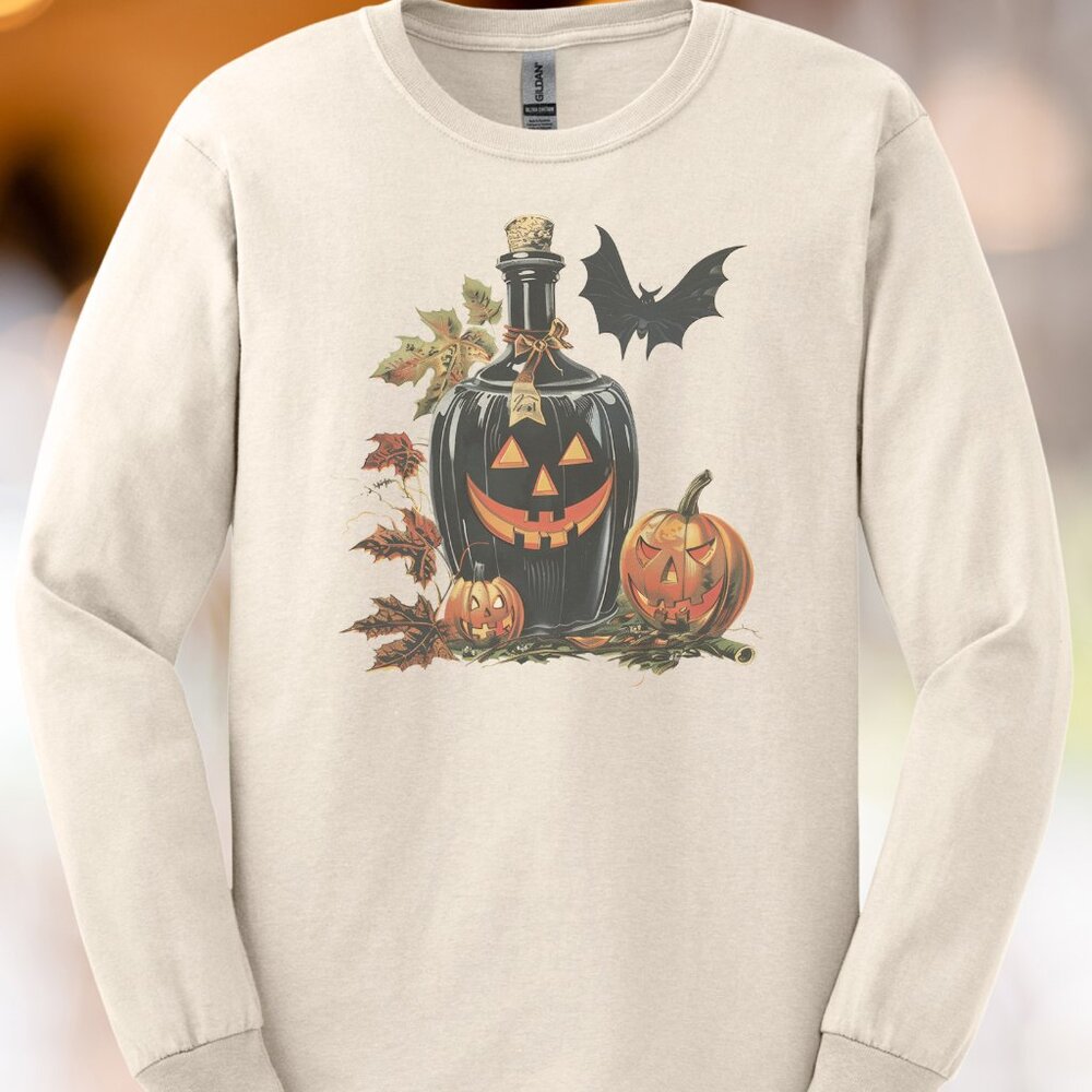 Jack O Lantern Bottle Pumpkin Bat Shirt Halloween Fall Leaves Graphic Tee